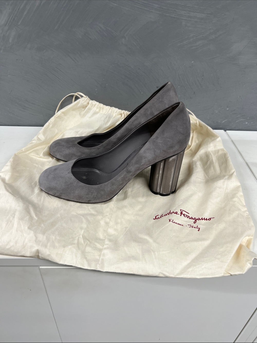 Salvatore Ferragamo Gray Suede Round-Toe Block Heel Pumps